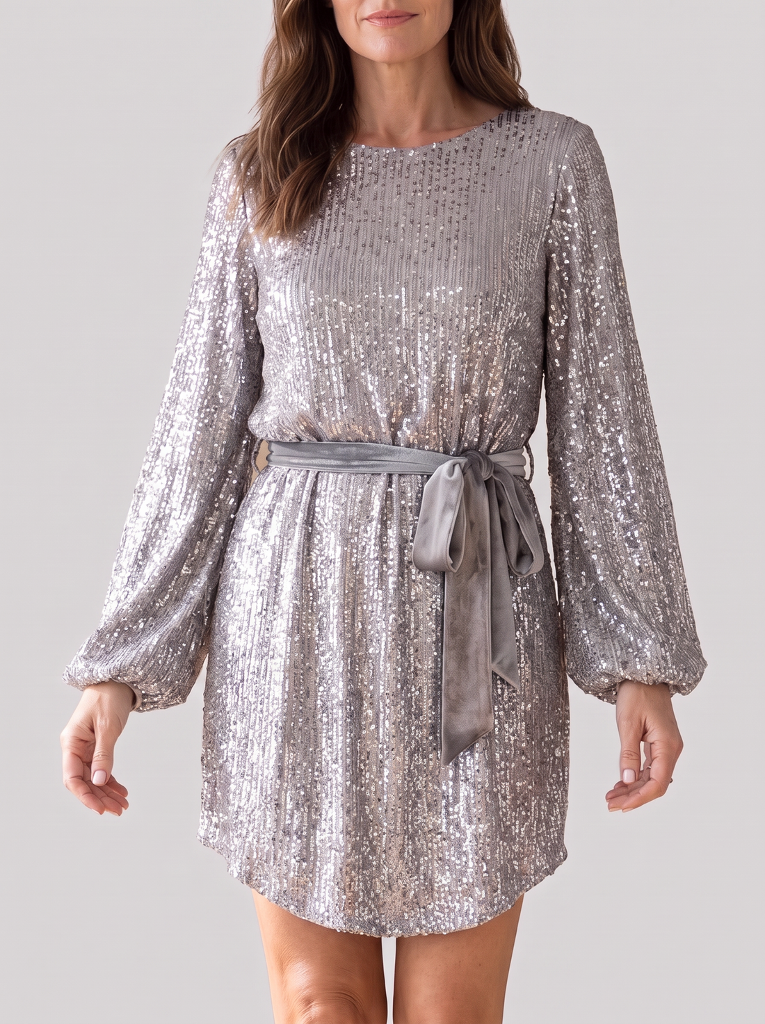 Women's Balloon Sleeve Sequin Mini Dress in Grey – front
