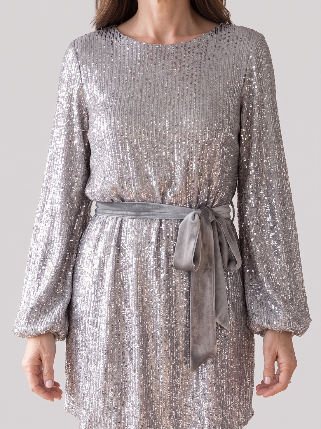 Women's Balloon Sleeve Sequin Mini Dress in Grey – close-up of sleeve, belt and sequins