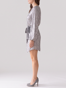 Women's Balloon Sleeve Sequin Mini Dress in Grey – side view