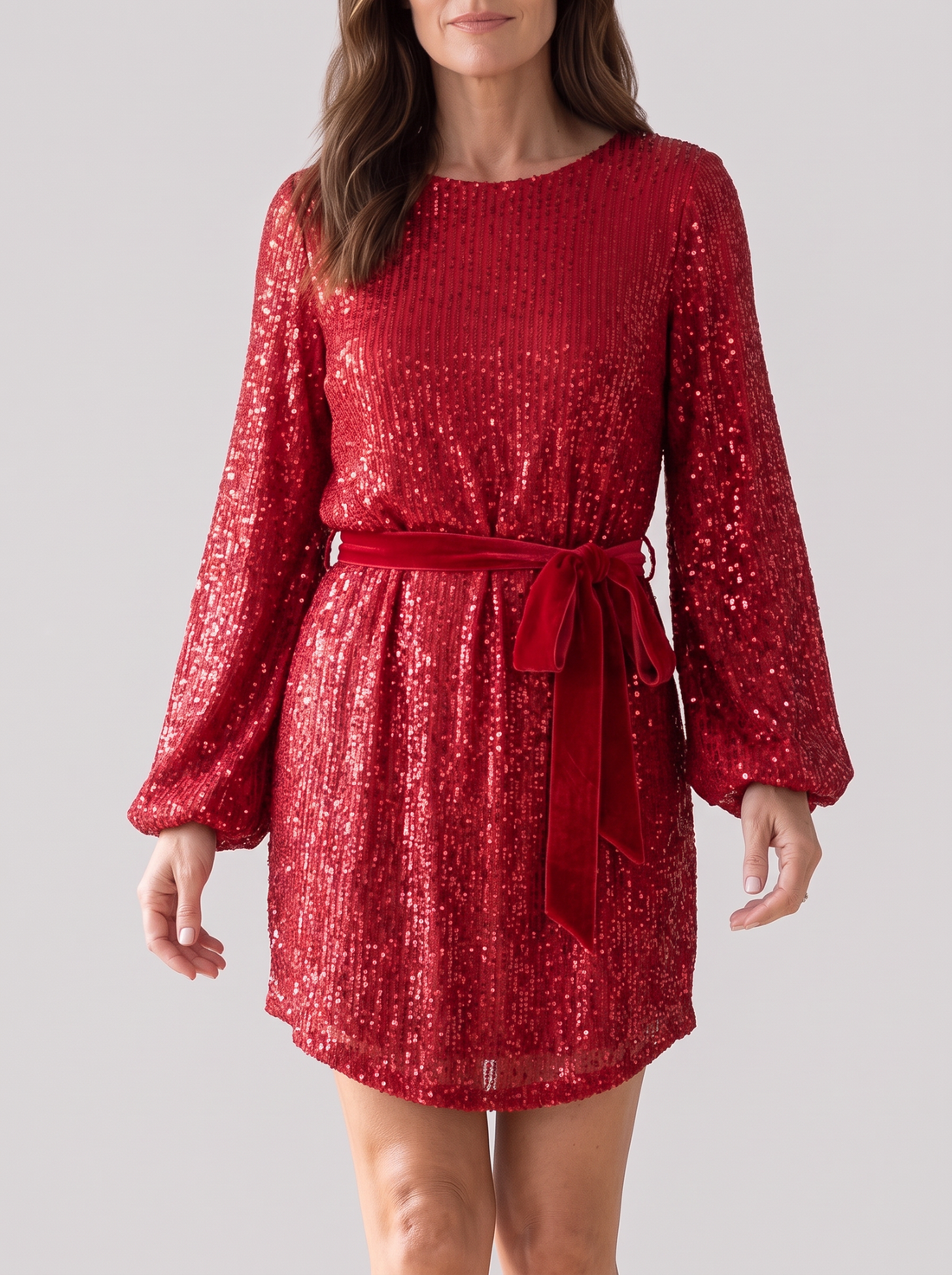Women's Balloon Sleeve Sequin Mini Dress in Red – front view