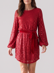 Women's Balloon Sleeve Sequin Mini Dress in Red – front view