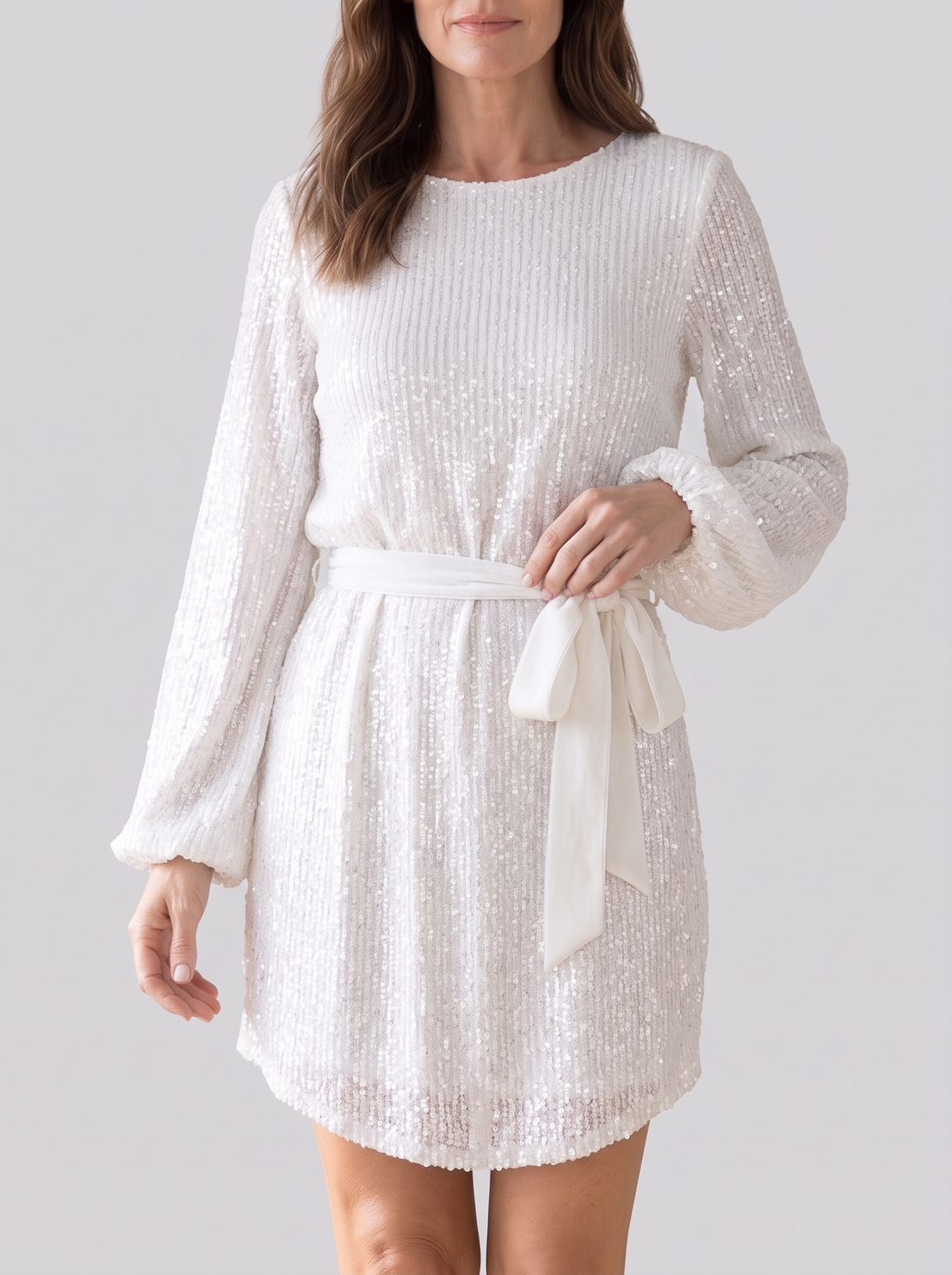 Women's Balloon Sleeve Sequin Mini Dress in White – front view
