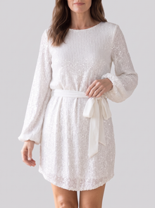 Women's Balloon Sleeve Sequin Mini Dress in White – front view