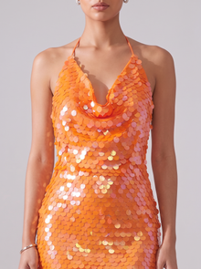 Women's Cowl Neck Sequin Mini Dress in Burnt Orange – close-up of cowl neckline and sequins