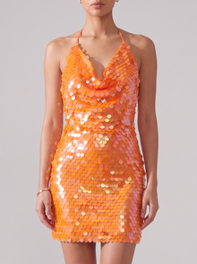 Women's Cowl Neck Sequin Mini Dress in Burnt Orange – front