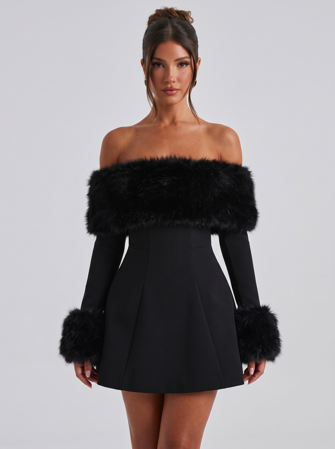 Women's Off Shoulder Plush Trim Mini Dress in Black – front