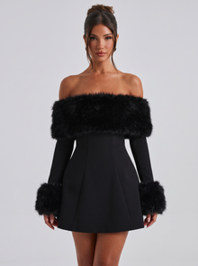 Women's Off Shoulder Plush Trim Mini Dress in Black – full-length front view