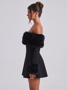 Women's Off Shoulder Plush Trim Mini Dress in Black – side view