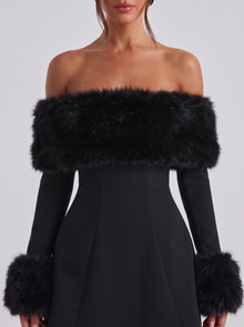 Women's Off Shoulder Plush Trim Mini Dress in Black – close-up of plush neckline and cuff