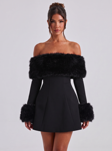 Women's Off Shoulder Plush Trim Mini Dress in Black – front