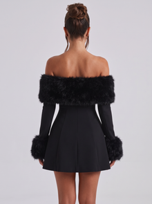 Women's Off Shoulder Plush Trim Mini Dress in Black – back view