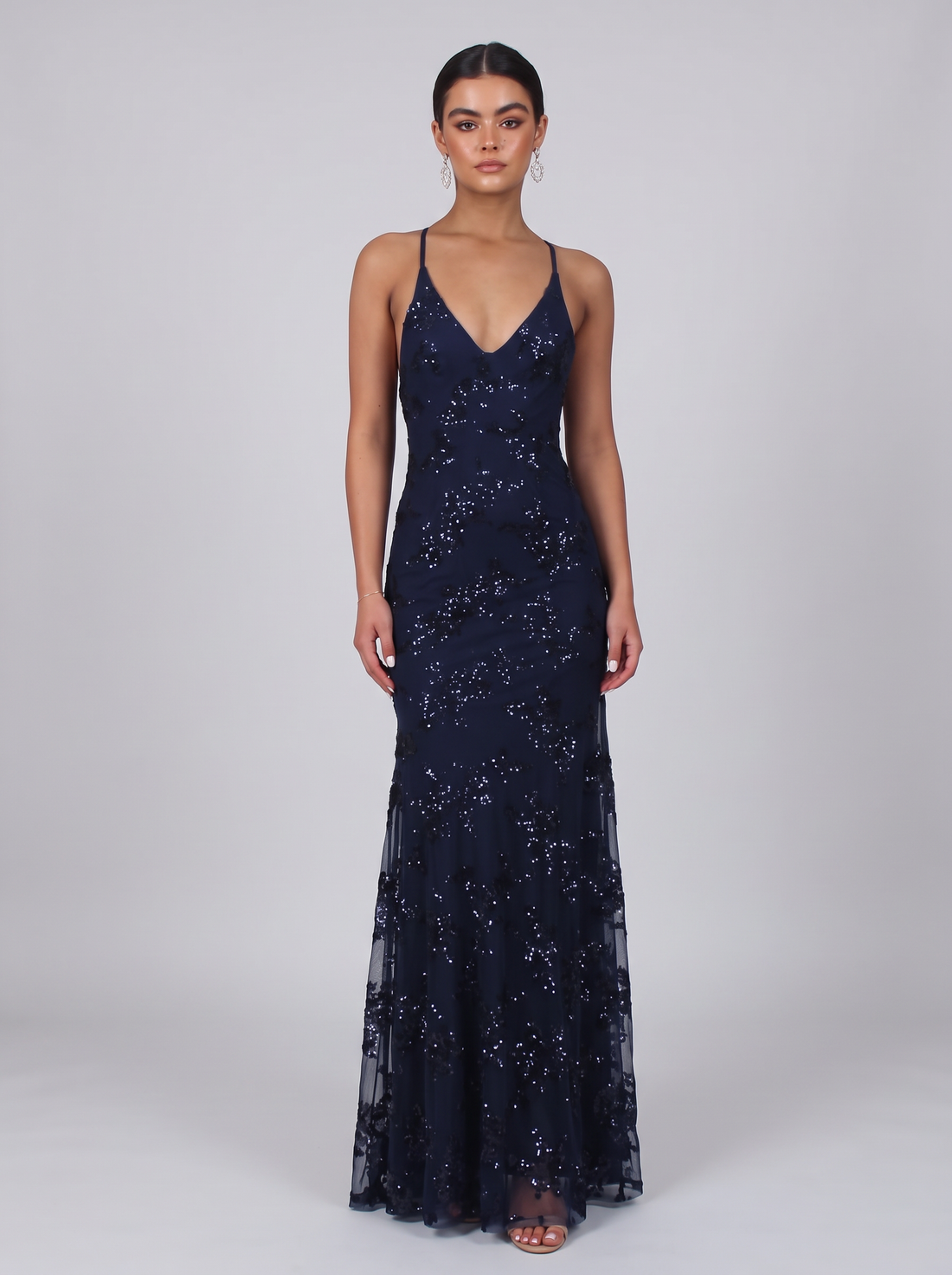 Women's Open Back Sequin Maxi Dress in Blue – front