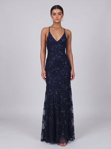 Women's Open Back Sequin Maxi Dress in Blue – full-length front view