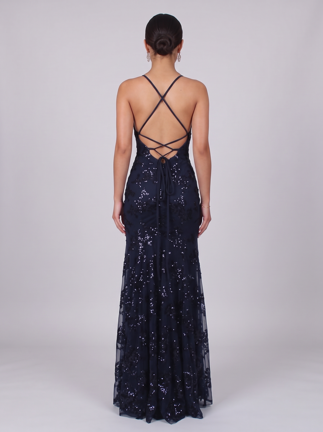 Women's Open Back Sequin Maxi Dress in Blue – back view, open back