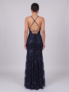Women's Open Back Sequin Maxi Dress in Blue – back view, open back