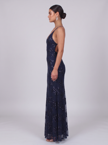 Women's Open Back Sequin Maxi Dress in Blue – side view