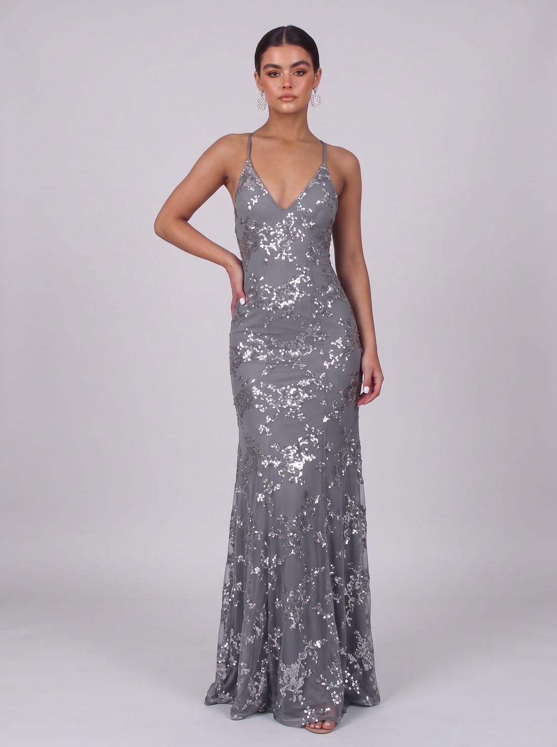 Women's Open Back Sequin Maxi Dress in Grey – front view