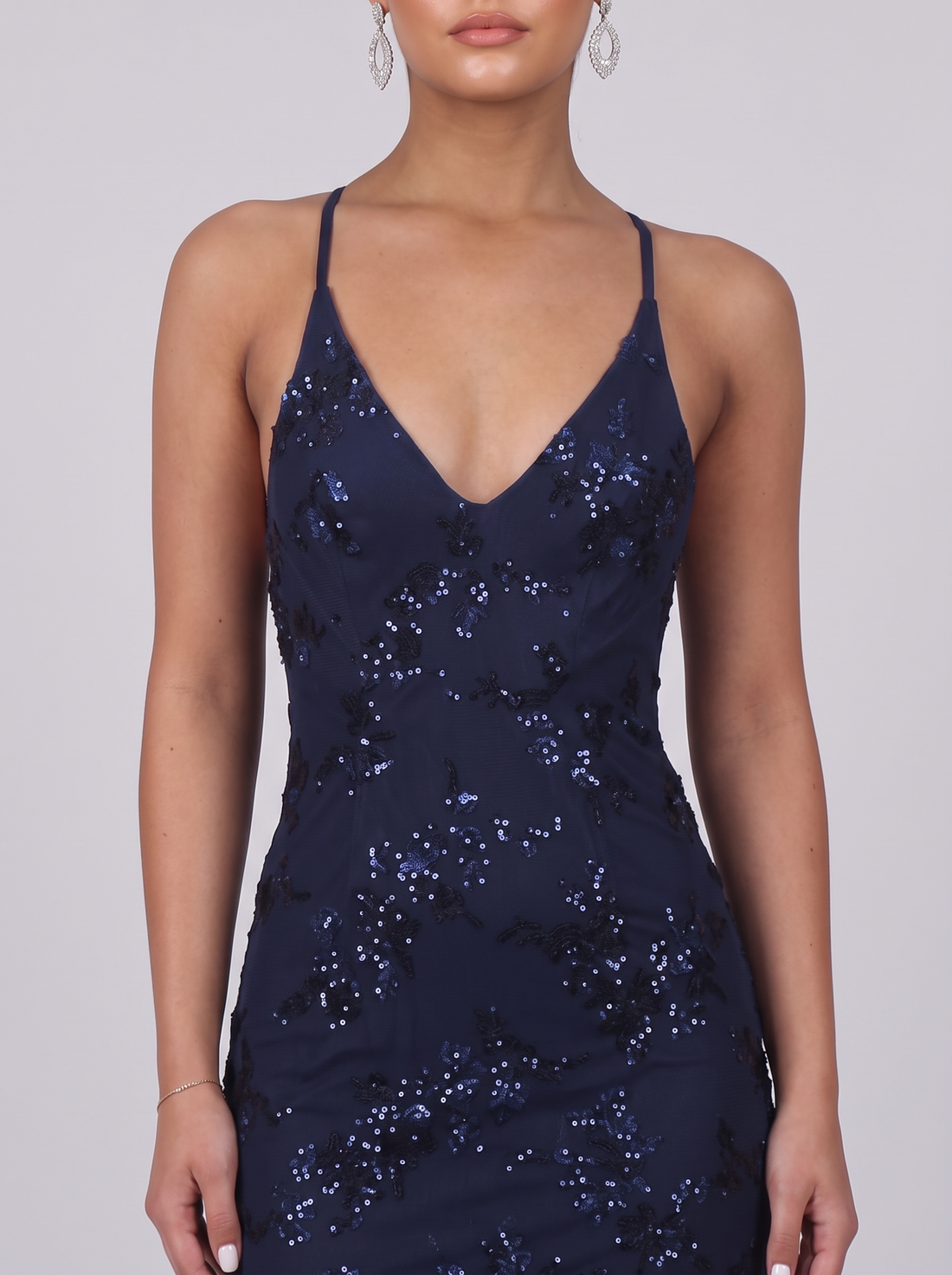 Women's Open Back Sequin Maxi Dress in Blue – close-up of V neckline and sequins