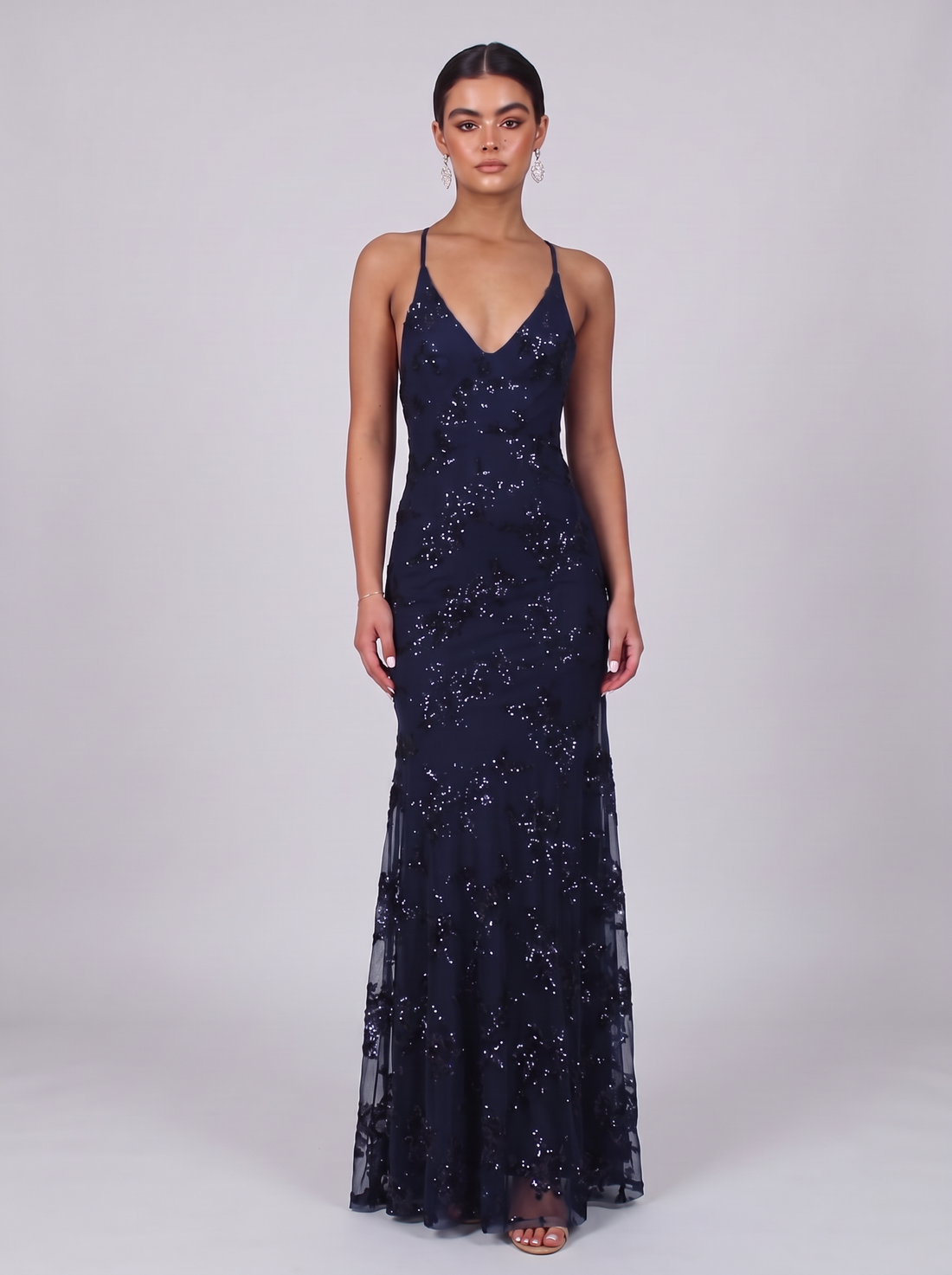 Women's Open Back Sequin Maxi Dress in Blue – front