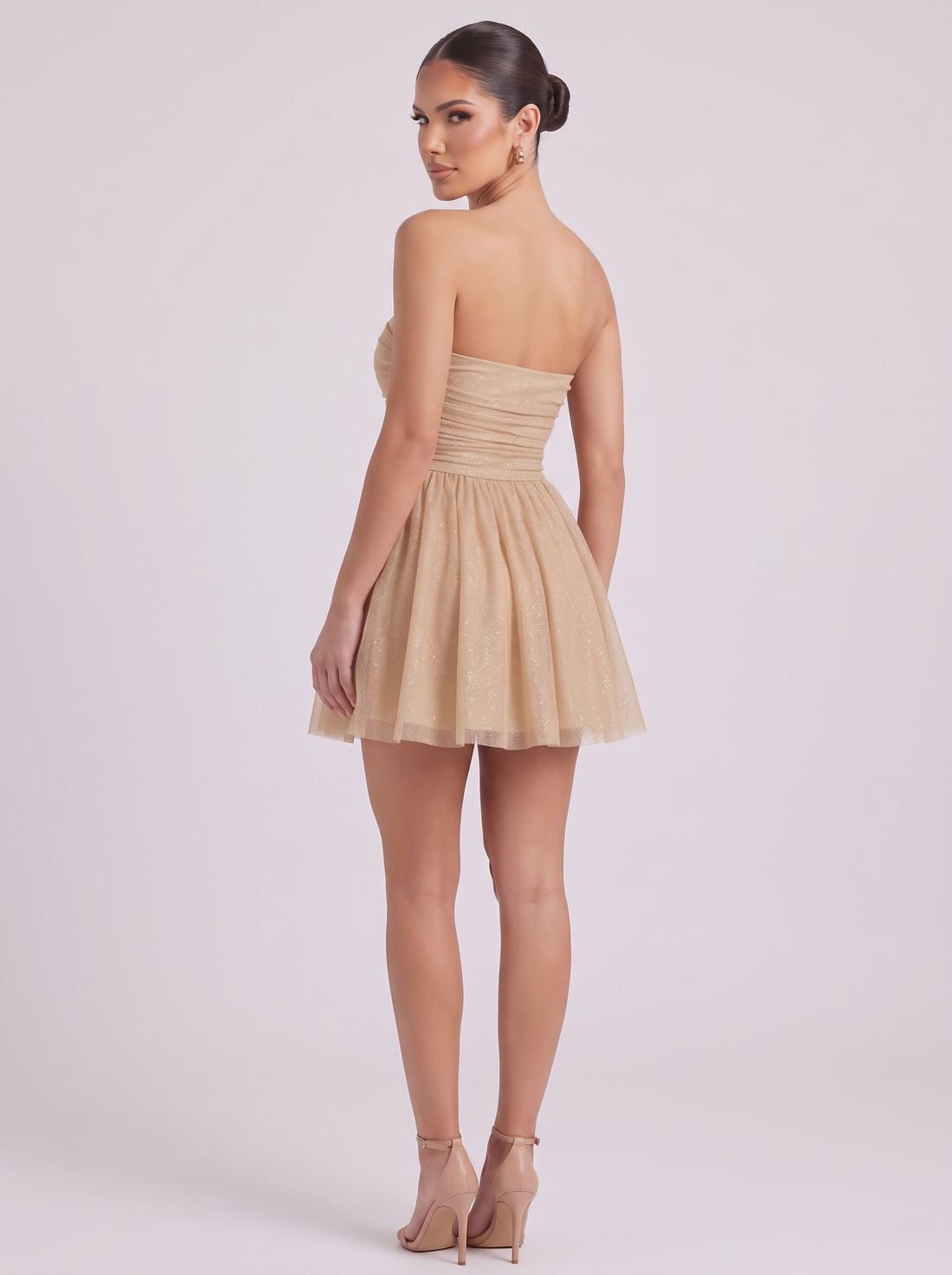Gold strapless sequin mini dress – back view