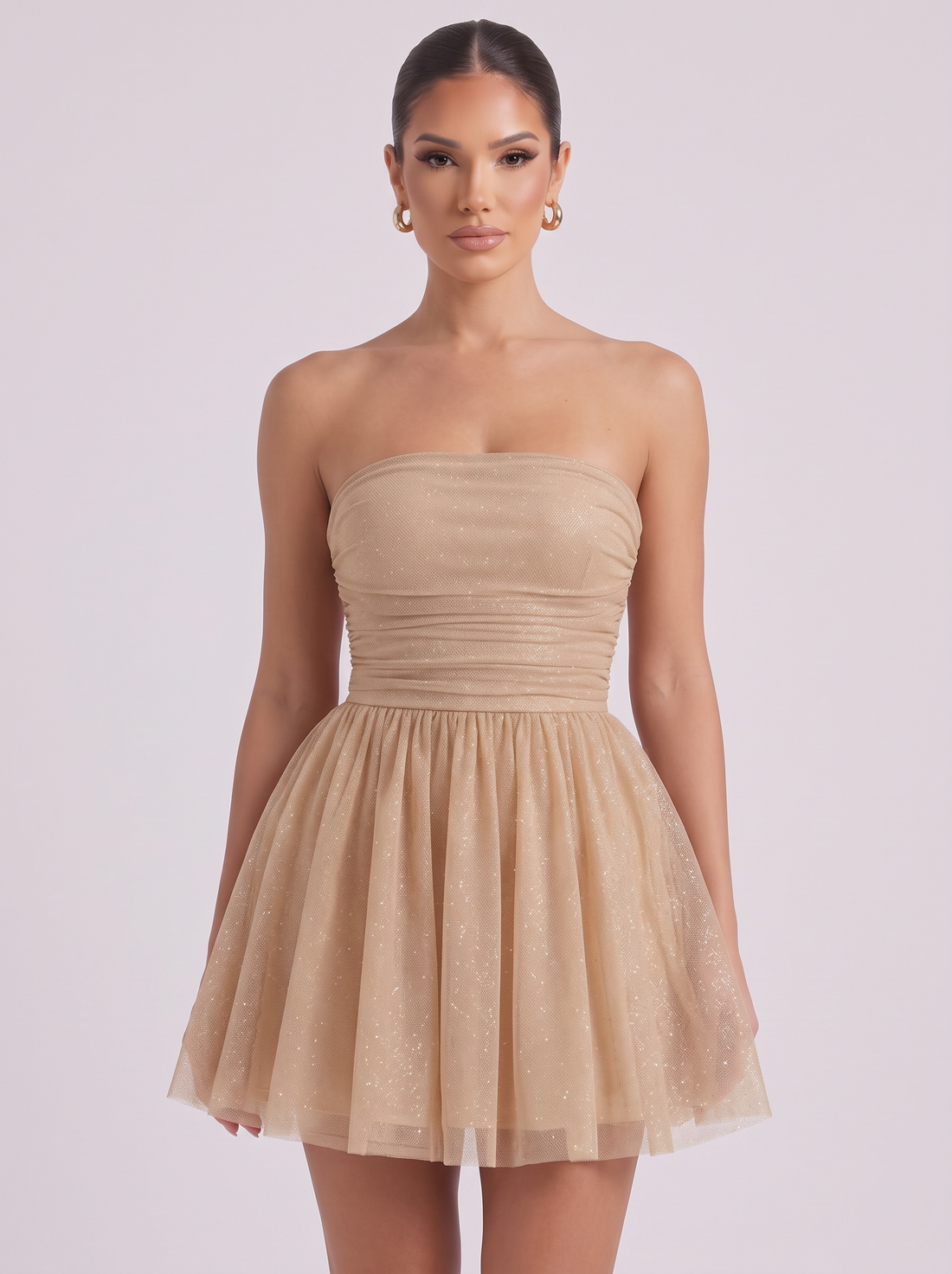 Women's gold sequin strapless mini dress with glitter tulle skater skirt – front