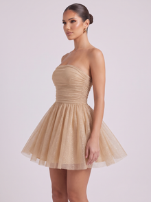 Gold glitter tulle skater mini dress – side view