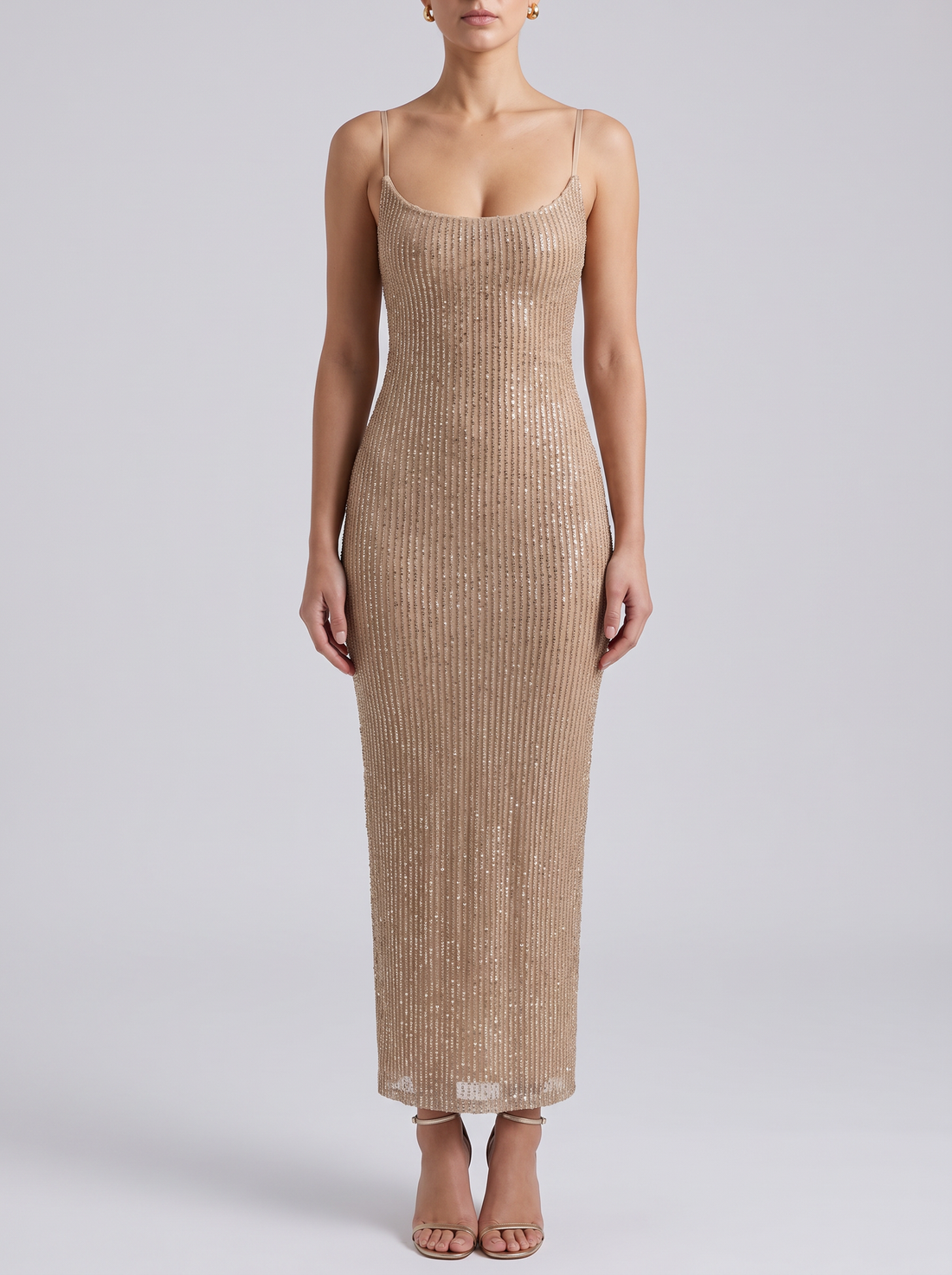 Women's gold glitter spaghetti strap maxi dress – front