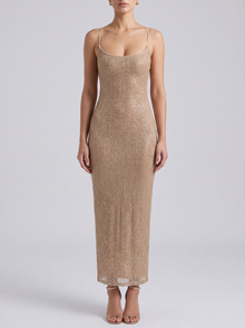 Gold glitter bodycon maxi dress – full length front