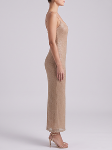 Gold glitter bodycon maxi dress – side view