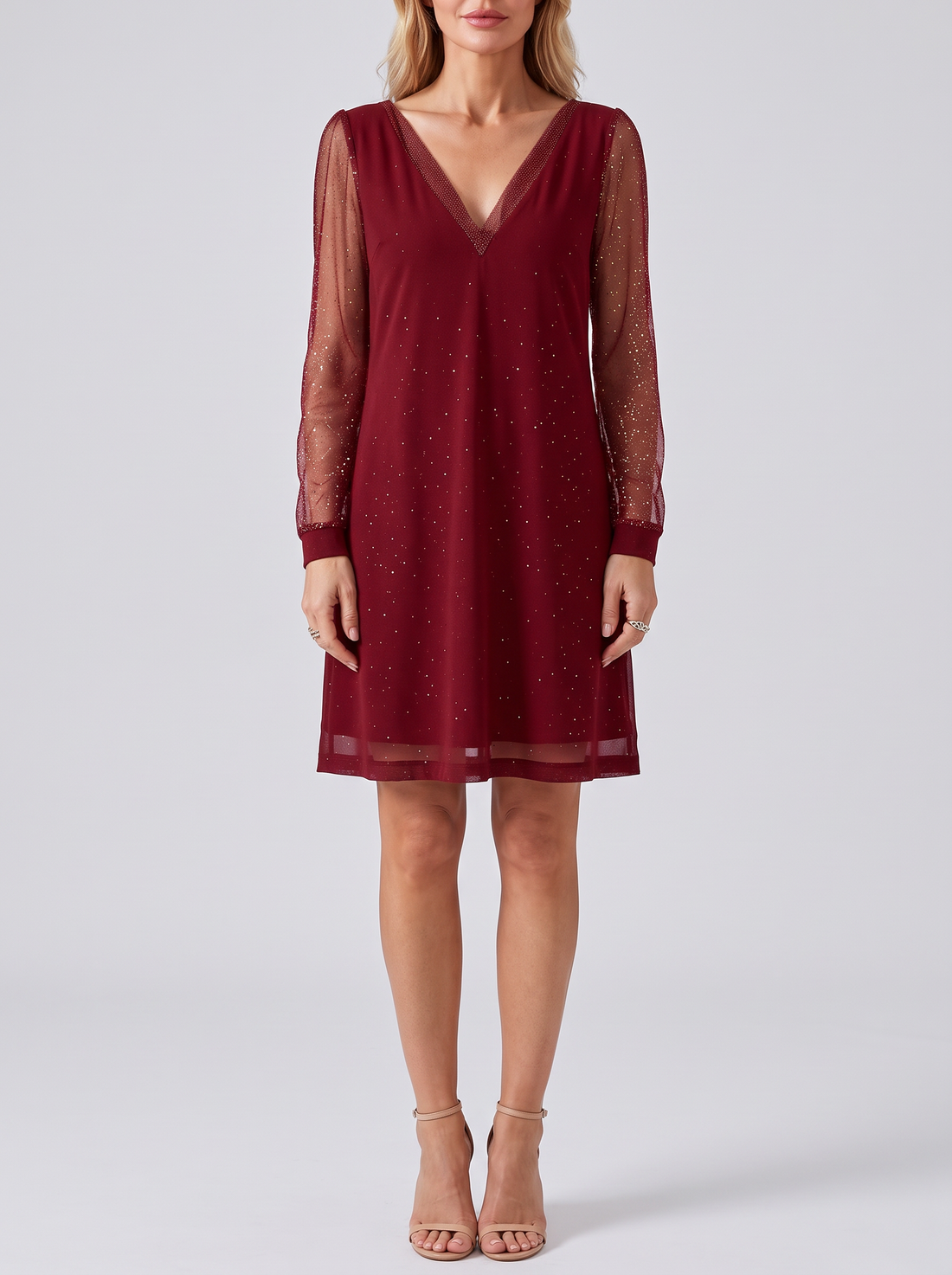 Women's red glitter V neck mini dress with sheer mesh long sleeves – front