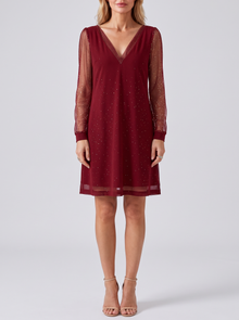 Red glitter mesh sleeve mini dress – full length front
