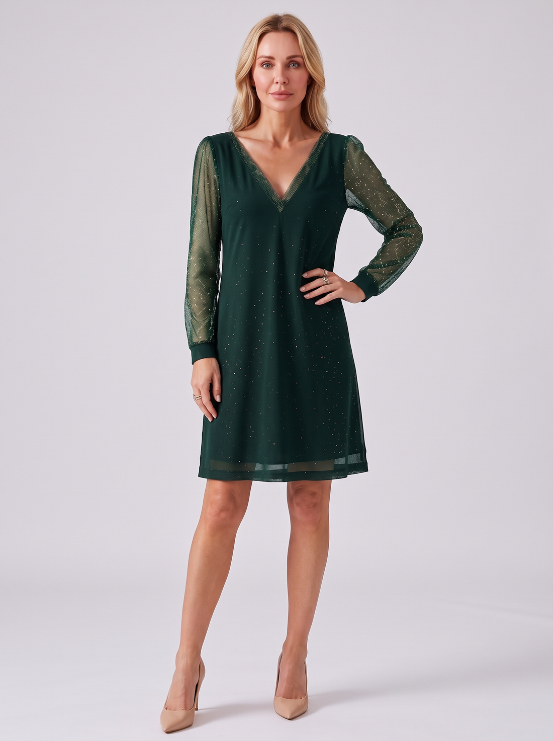 Green glitter mesh sleeve mini dress – front
