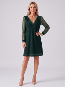 Green glitter mesh sleeve mini dress – front