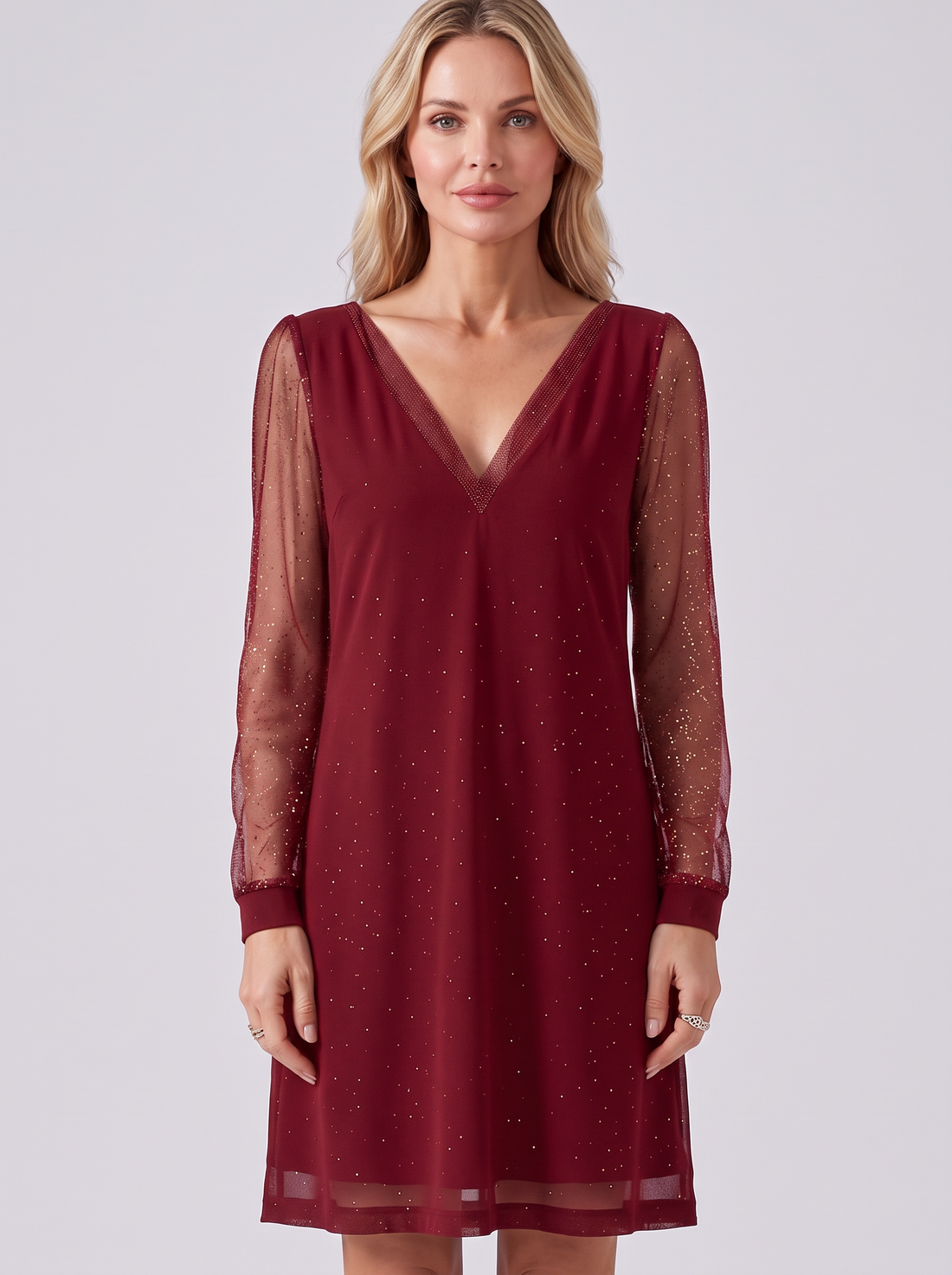 Women's red glitter V neck mini dress with sheer mesh long sleeves – front