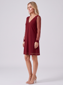 Red glitter mesh sleeve mini dress – side view