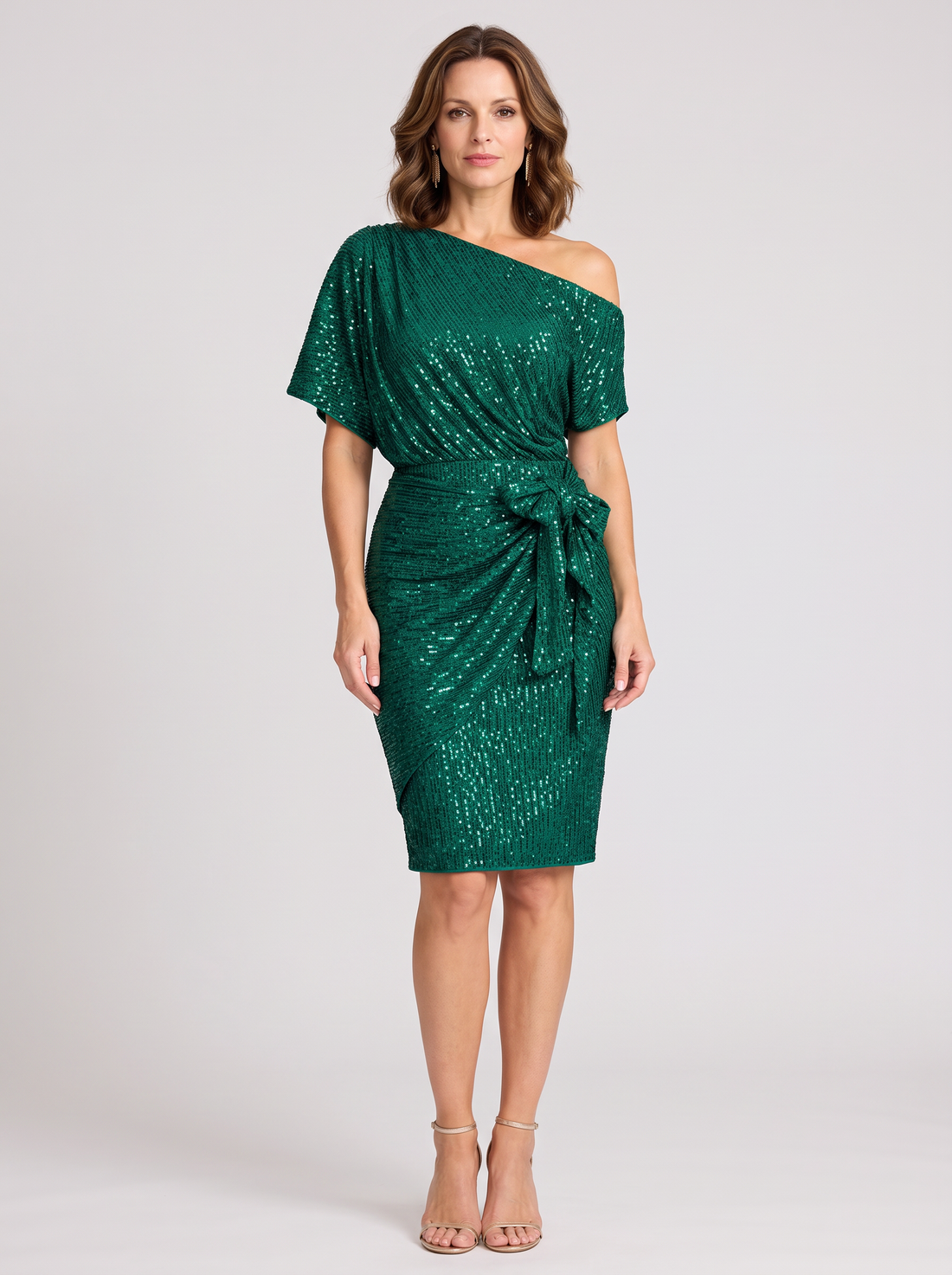 Women's emerald green off shoulder sequin Christmas dress with tie waist – front