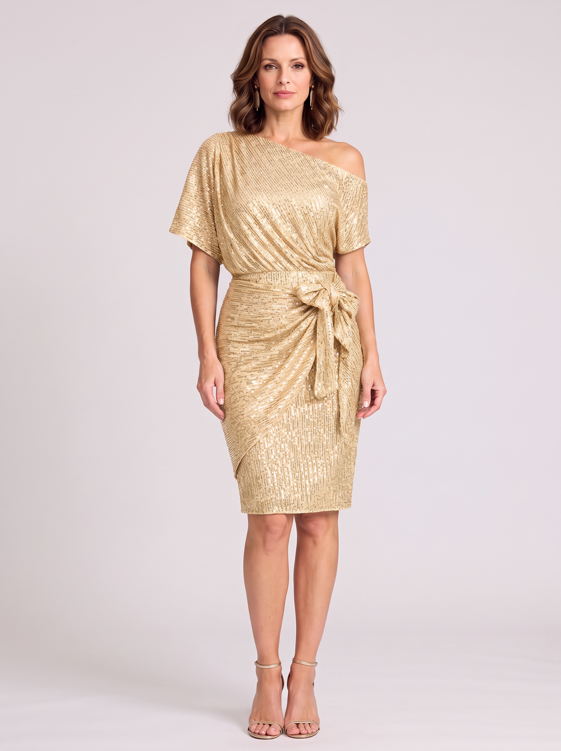 Apricot off shoulder sequin dress – front