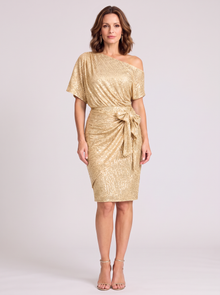 Apricot off shoulder sequin dress – front