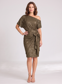 Khaki off shoulder sequin dress – front