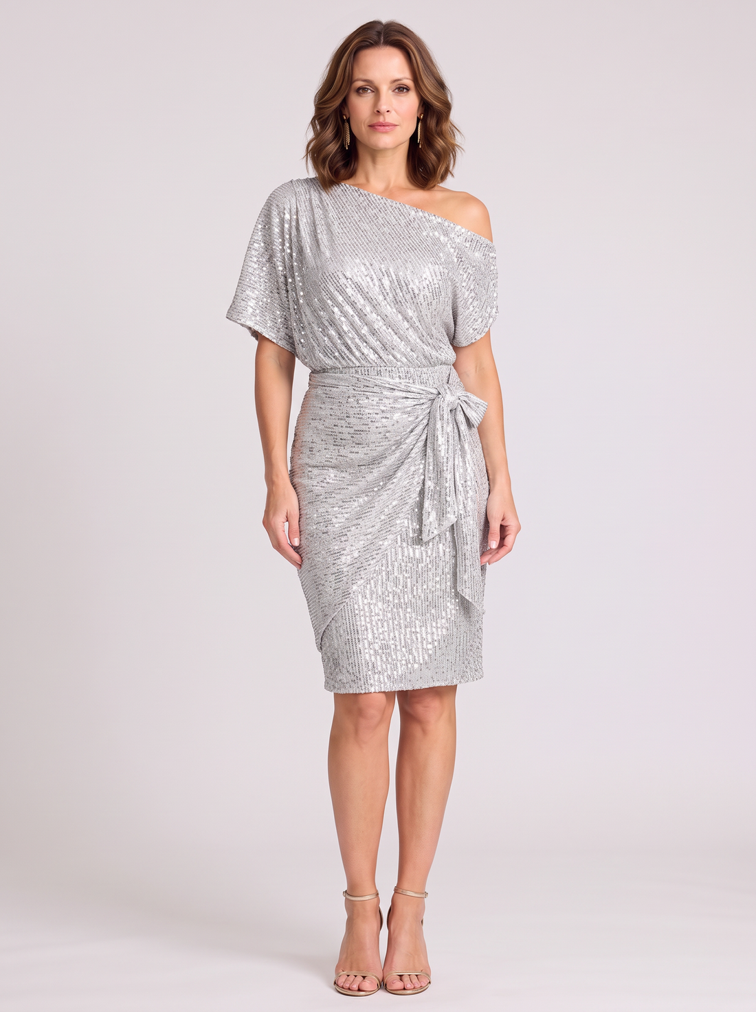 Silver off shoulder sequin dress – front