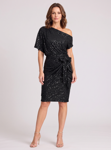 Black off shoulder sequin dress – front