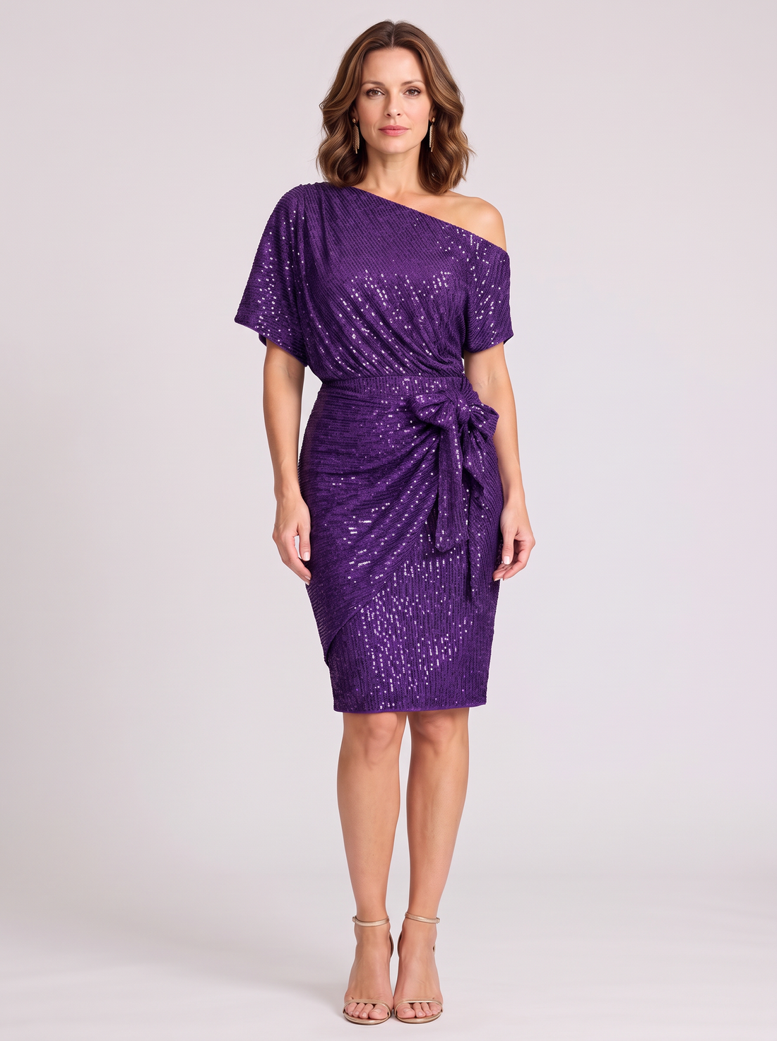 Purple off shoulder sequin dress – front