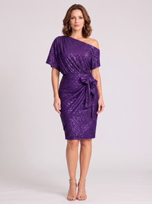 Purple off shoulder sequin dress – front