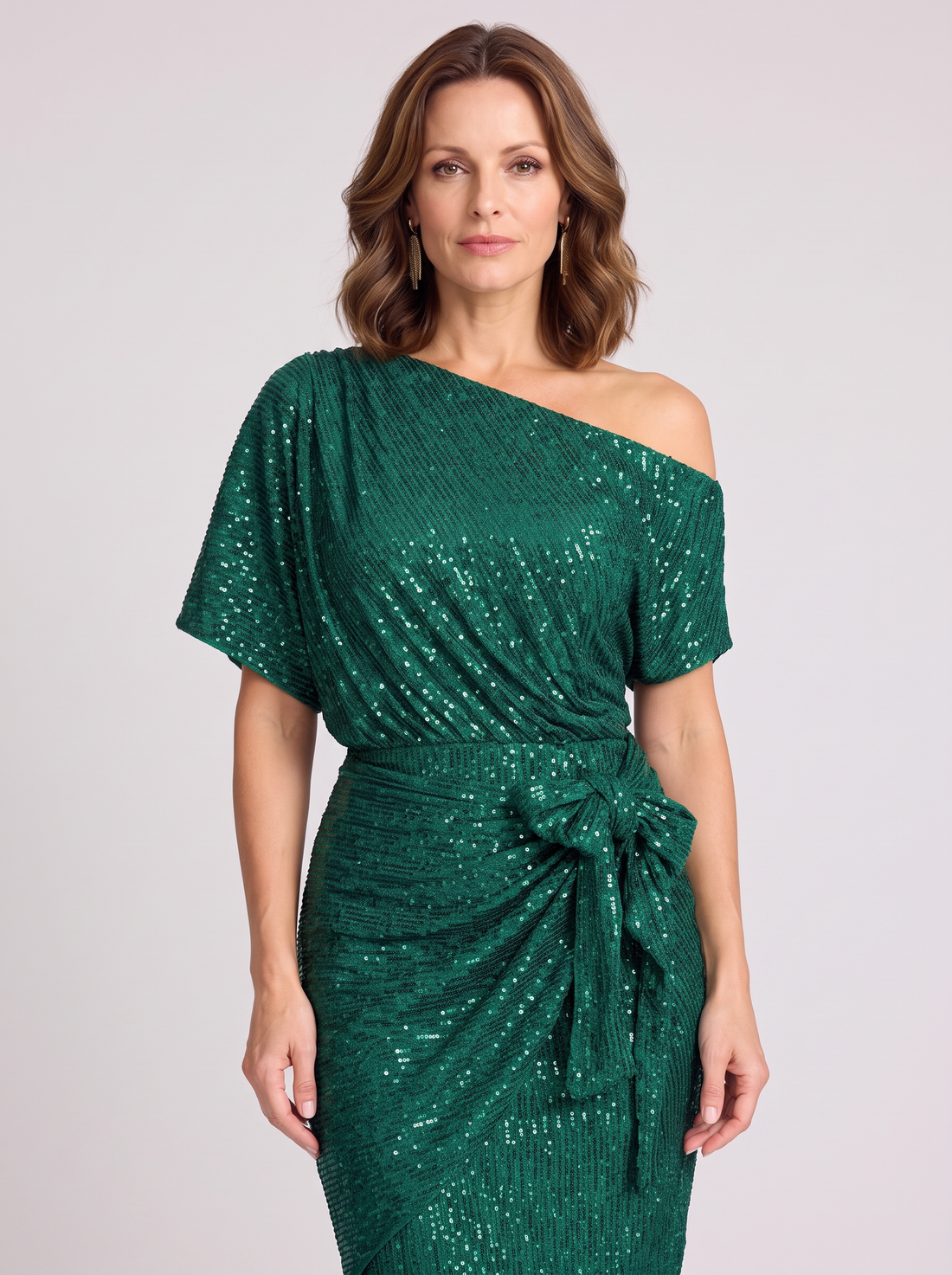 Women's emerald green off shoulder sequin Christmas dress with tie waist – front
