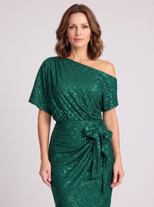 Women's emerald green off shoulder sequin Christmas dress with tie waist – front