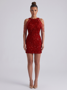 Chain shoulder sequin mini dress – full length front
