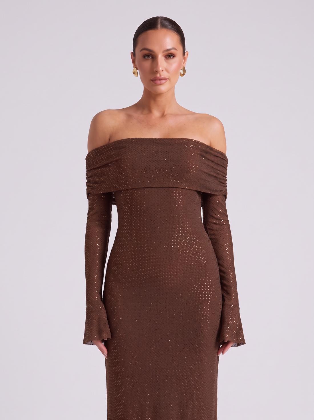Women's chocolate brown off shoulder sequin maxi dress – front