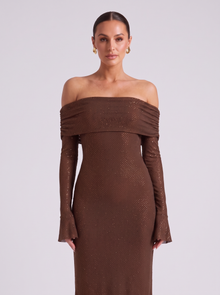 Women's chocolate brown off shoulder sequin maxi dress – front