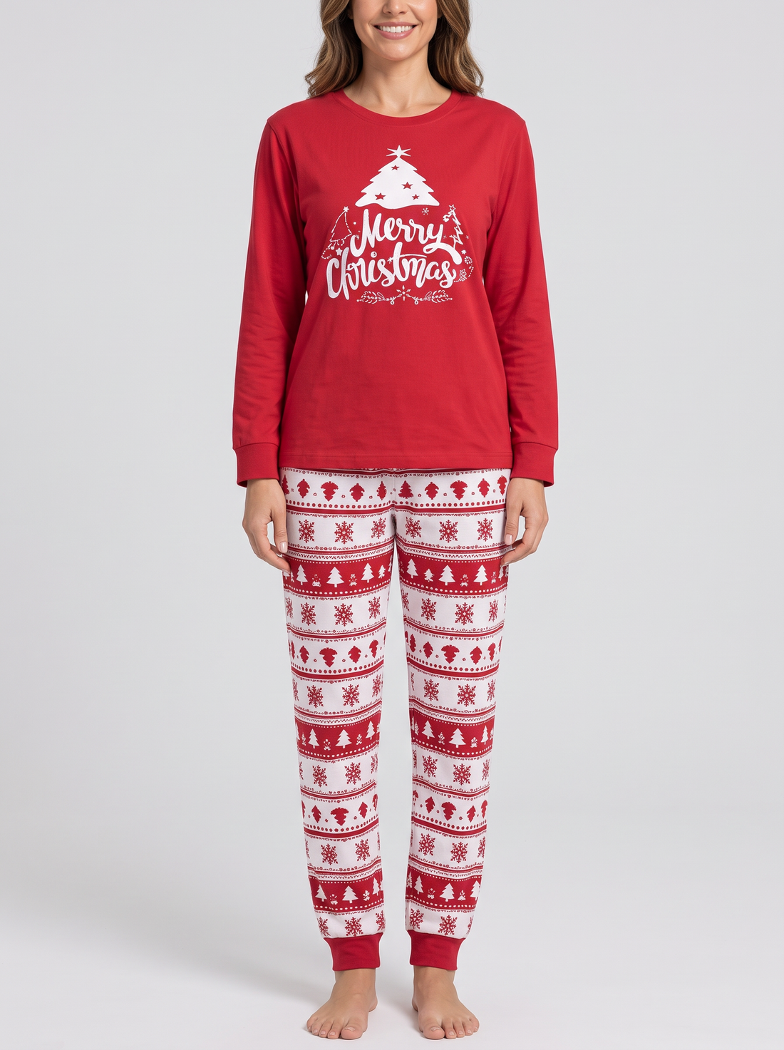 Women's red matching family Christmas pyjamas – front