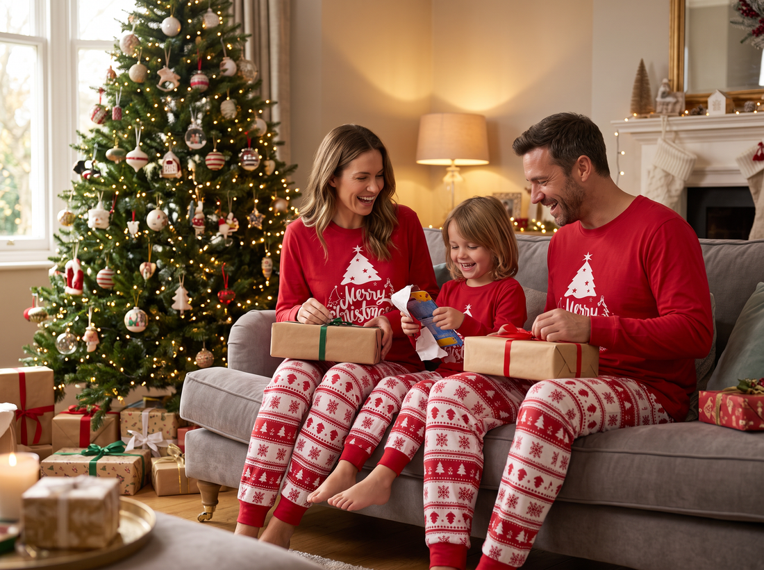 Family wearing matching red Christmas pyjamas by the Christmas tree